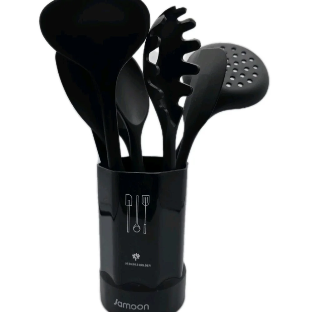 Silicone Cooking Utensils 9 Piece Baking Black W/Holders Beachwood Handles 480 °